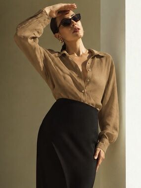Anemos Phillips Linen Cupro Button-Down Shirt Sandstone Size S
